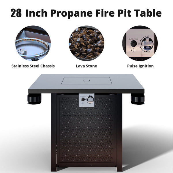 Philergo 28 Inch Propane Fire Pits with Cup Holders, 50000 BTU Steel Gas Fire Pit Table with Lid and Lava Rock for Outdoor
