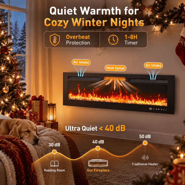 Philergo 60" Electric Fireplace, 1400W Wall Mount, Recessed Fireplace Insert Heater wiht Remote Control, 20 Adjustable Flame Color, Timer and Touch Screen