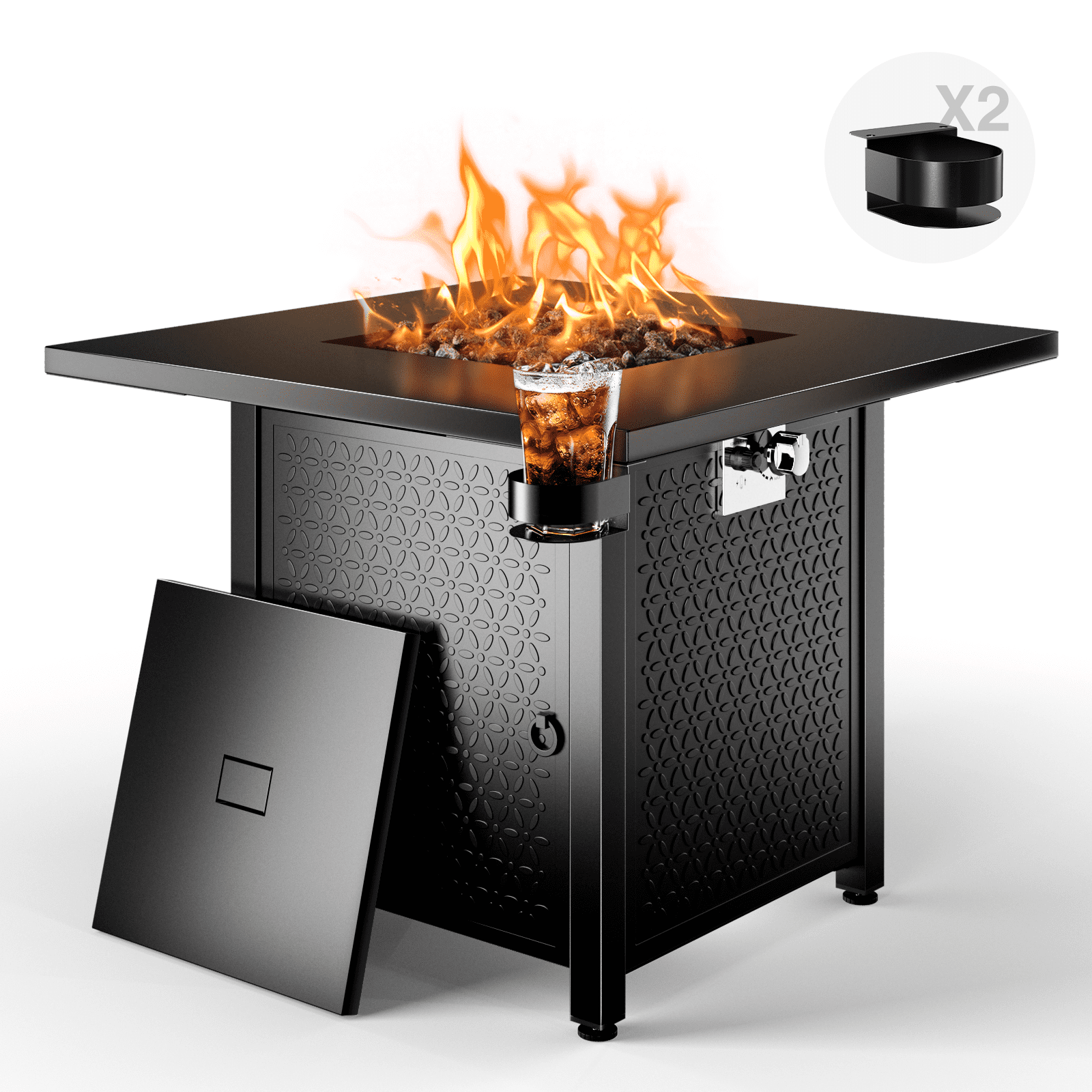 Philergo 28 Inch Propane Fire Pits with Cup Holders, 50000 BTU Steel Gas Fire Pit Table with Lid and Lava Rock for Outdoor