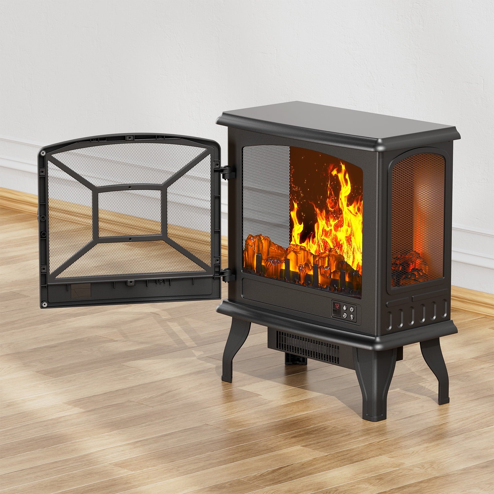 24'' Freestanding Electric Fireplace Heater Stove Portable Infrared Fireplace for Indoor, W/ Remote, Thermostat, 5 Variable Flame