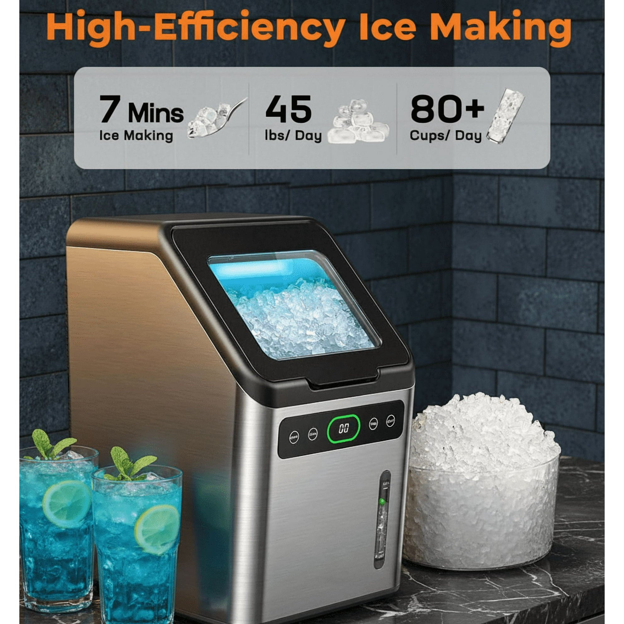 Philergo Nugget Ice Makers Countertop, 45lbs/24H with Self-Cleaning Function and Timer, Ice Maker Machine with Basket/Scoop for Home/Kitchen/Office, Stainless Steel