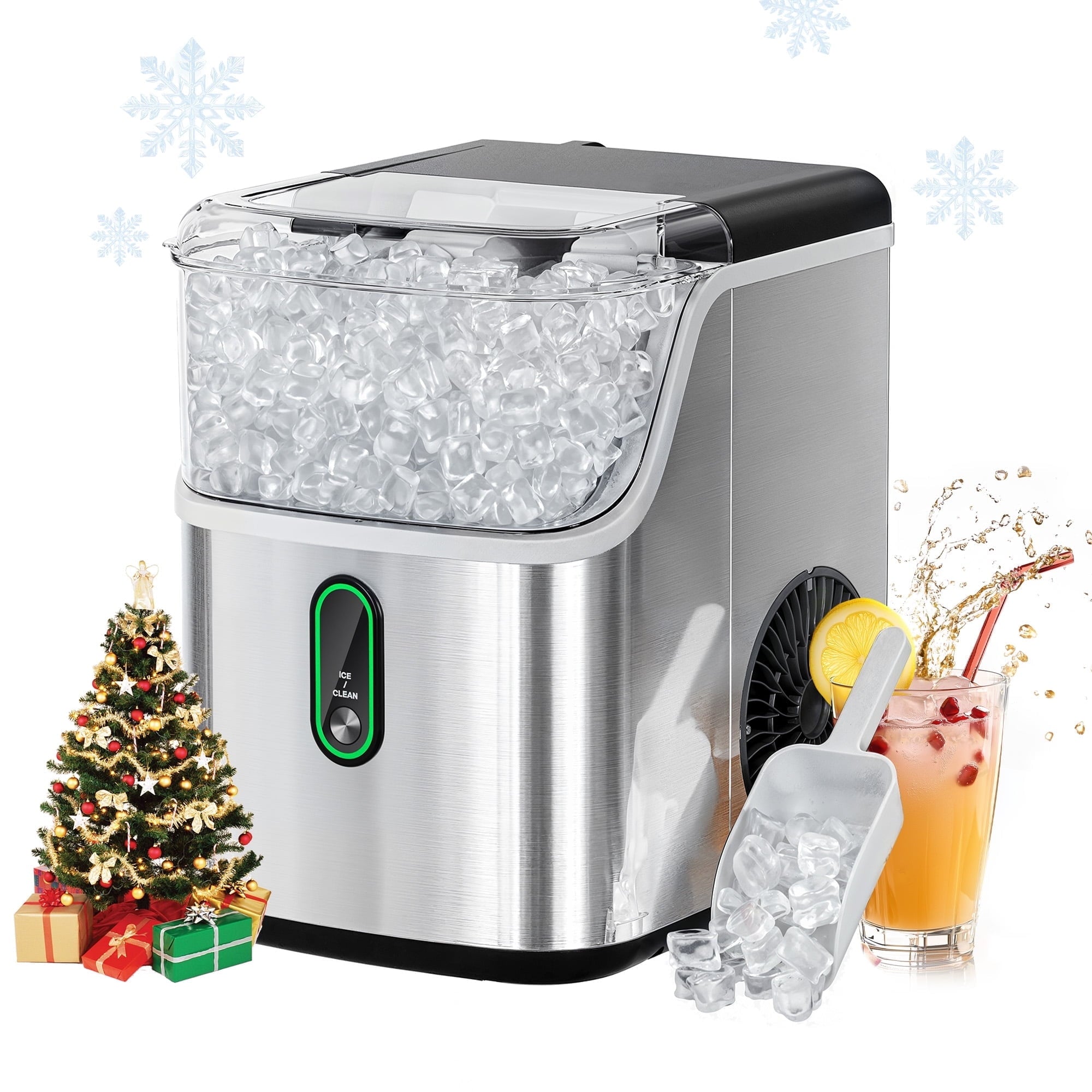 Philergo 35lbs/24H Nugget Ice Maker Countertops with LED Indicator, Portable Chewable Pebble Ice Machine with Self-Cleaning, Crushed Sonic Ice for Hmoe, Kitchen, RV, Stainless Steel
