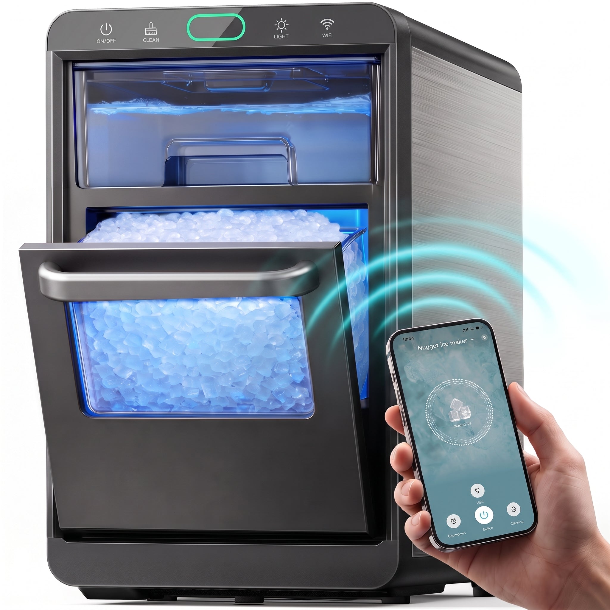Philergo Nugget Ice Maker Countertop, Smart Pebble Ice maker with App Control, 44 lbs/Day, Ice in 10 Minutes, Self-Cleaning, Timer & Status Alerts, Stainless Steel,Design for Home, Kitchen