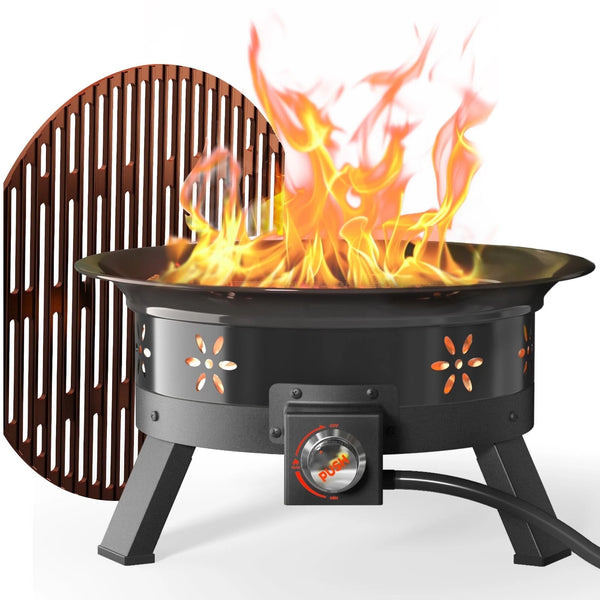 24 inch Portable Fire Pits with Grill for Outside 58000 BTU Gas Fire Bowl with Foldable Legs & Lid & Carry Kit & Lava Rock Stone