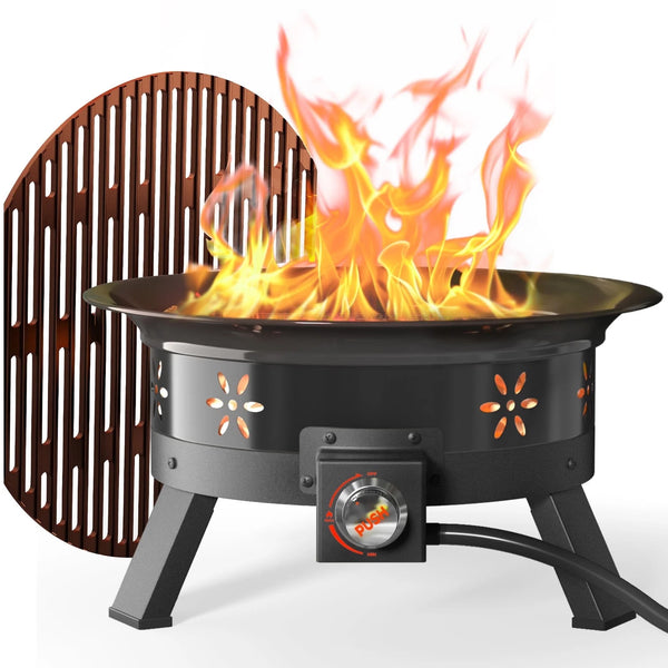 19 inch Portable Fire Pits with Grill for Outside 58000 BTU Gas Fire Bowl with Foldable Legs & Lid & Carry Kit & Lava Rock Stone