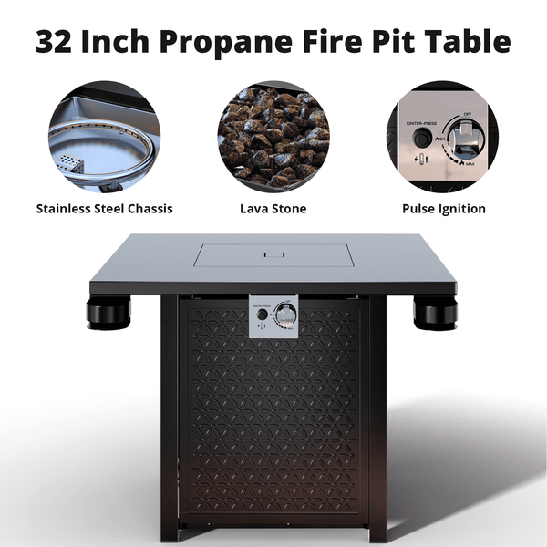 Philergo 32" Gas Fire Pits with Cup Holders for Outside, 50,000 BTU Propane Fire Pit Table with Lid and Lava Rock, Black