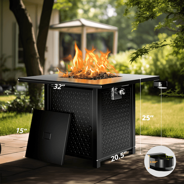 Philergo 32" Gas Fire Pits with Cup Holders for Outside, 50,000 BTU Propane Fire Pit Table with Lid and Lava Rock, Black