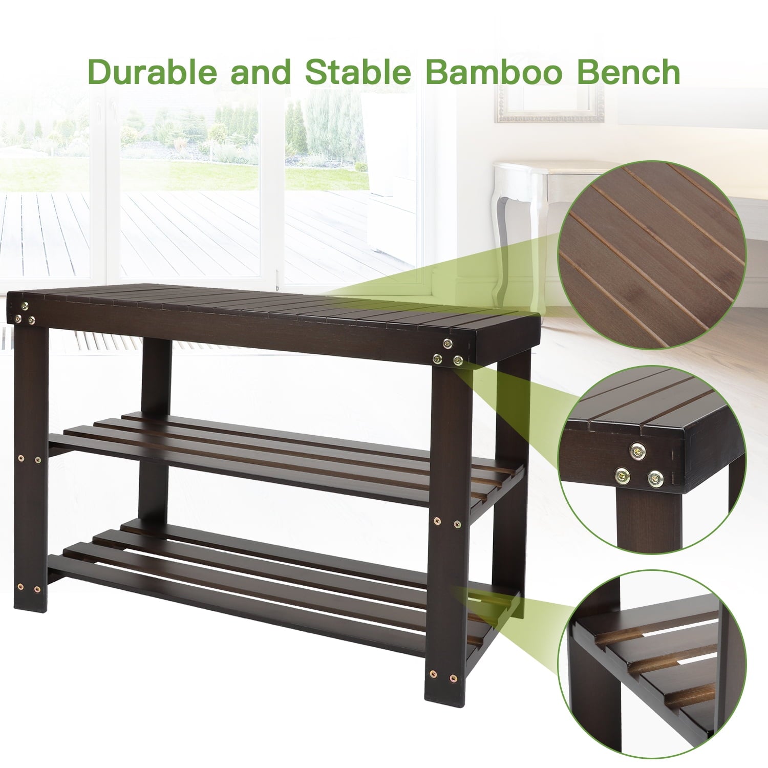 3-Tier Shoe Rack Bench Bamboo Organizer Storage Shoe Shelf Holds up to 210 lbs for Entryway Living Room, Brown and Bamboo