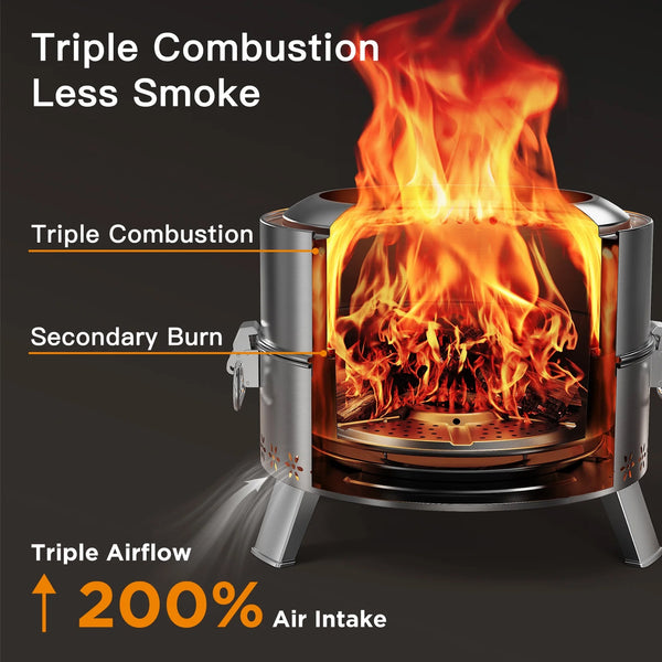 Philergo 19" Smokeless Fire Pit for Outside, Stainless Steel Wood Burning Fire Pit with Foldable Legs, Grill, Poker, Carry Bag