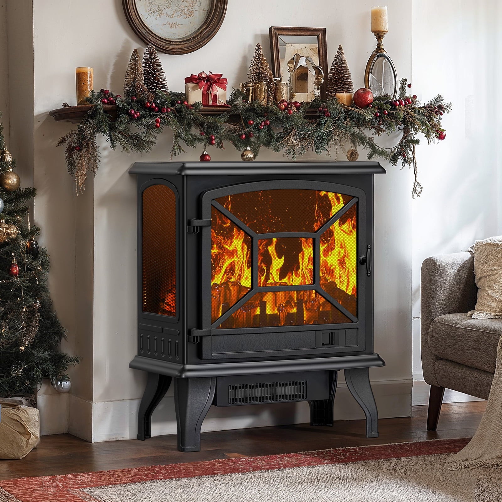 24'' Freestanding Electric Fireplace Heater Stove Portable Infrared Fireplace for Indoor, W/ Remote, Thermostat, 5 Variable Flame