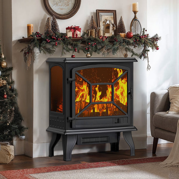24'' Freestanding Electric Fireplace Heater Stove Portable Infrared Fireplace for Indoor, W/ Remote, Thermostat, 5 Variable Flame