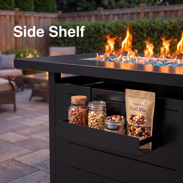 Philergo 43.2" Propane Fire Pits for Outside 62,000 BTU Gas Fire Pit Table for Outside with Lid , Glass Beads, Cup Holders, Hanging Shelf & Nylon Cover, Rectangle