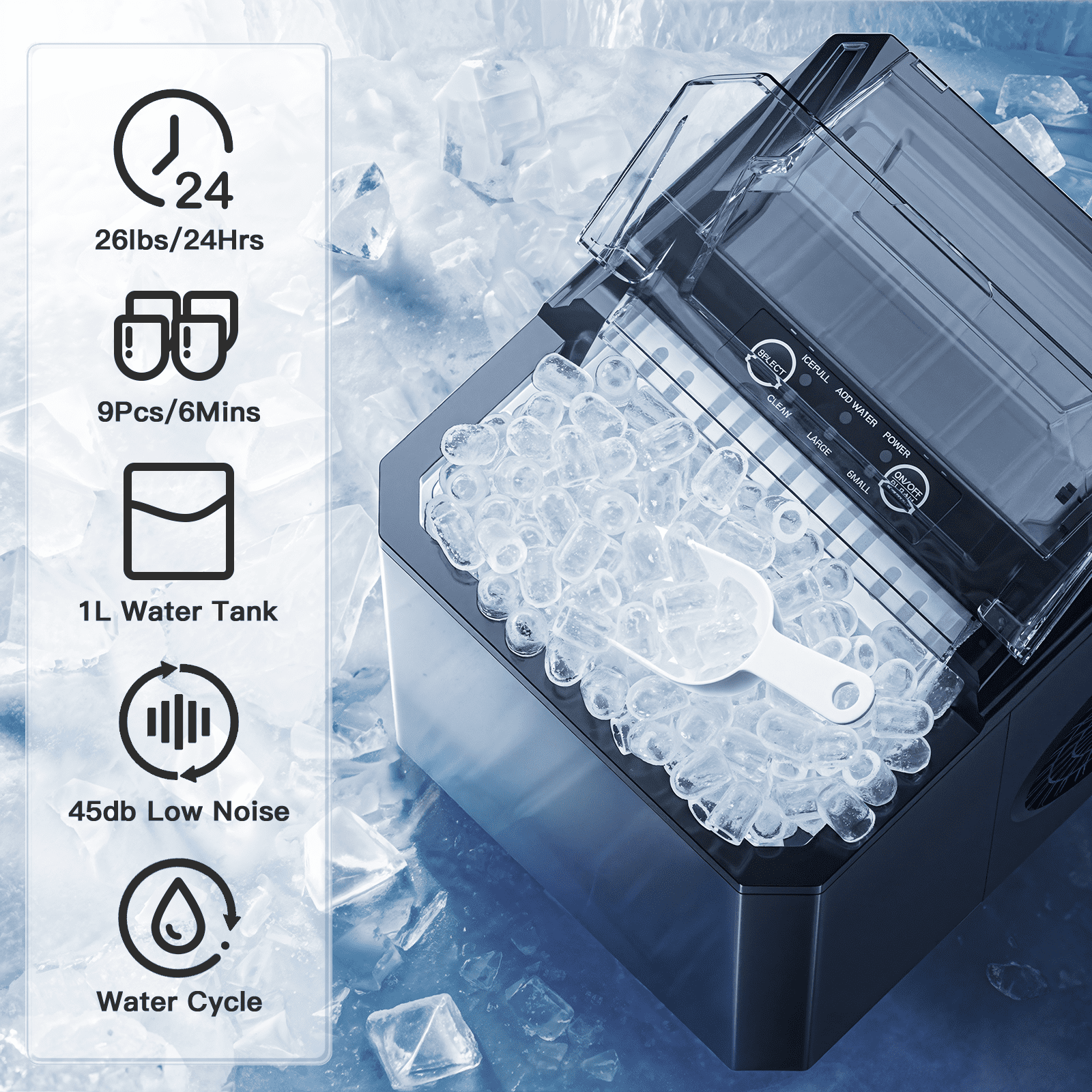 Philergo Countertop Ice Maker 26 lbs/24h 9 Cubes/6 Mins with Self-Cleaning Bullet Ice Maker for Home Office Bar Party