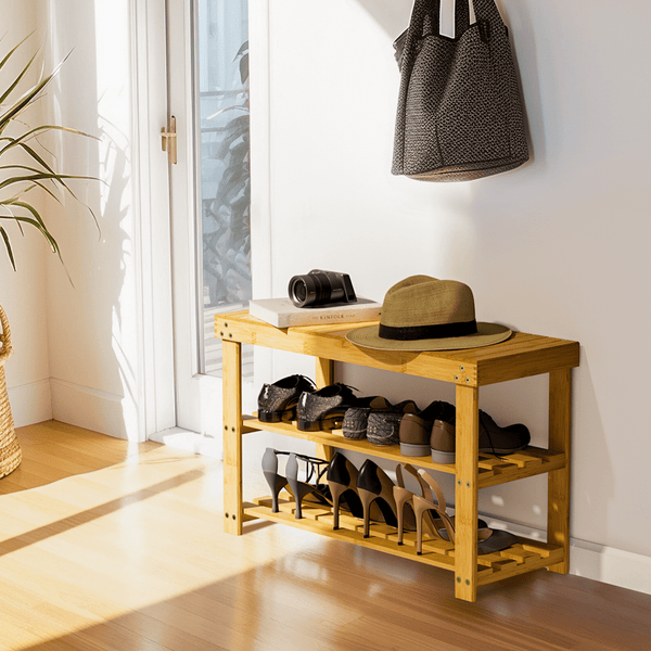3-Tier Bamboo Shoe Rack Bench, Entryway Storage Bench Holds up to 210 lbs