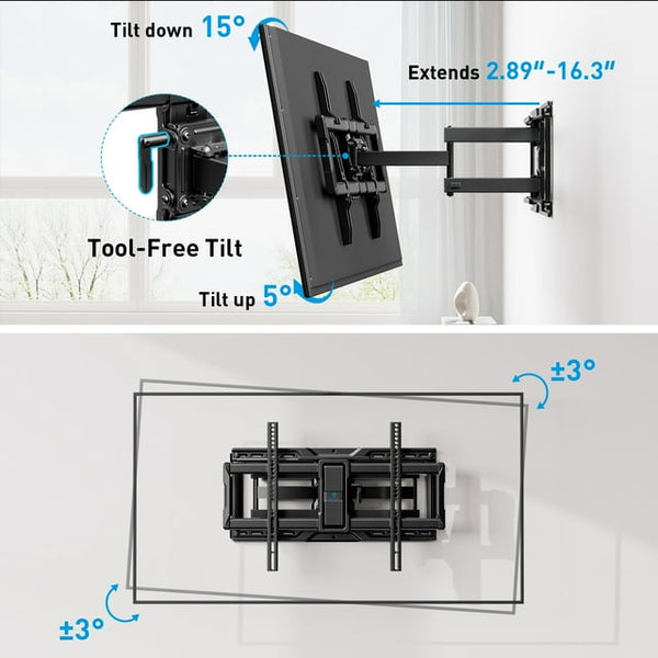 Perlesmith Full Motion TV Wall Mount Bracket for 50 to 90 inch TVs , Holds up to 150lbs, PSXF19B