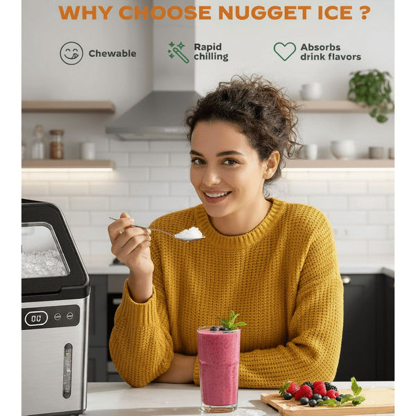 Philergo Nugget Ice Makers Countertop, 45lbs/24H with Self-Cleaning Function and Timer, Ice Maker Machine with Basket/Scoop for Home/Kitchen/Office, Stainless Steel