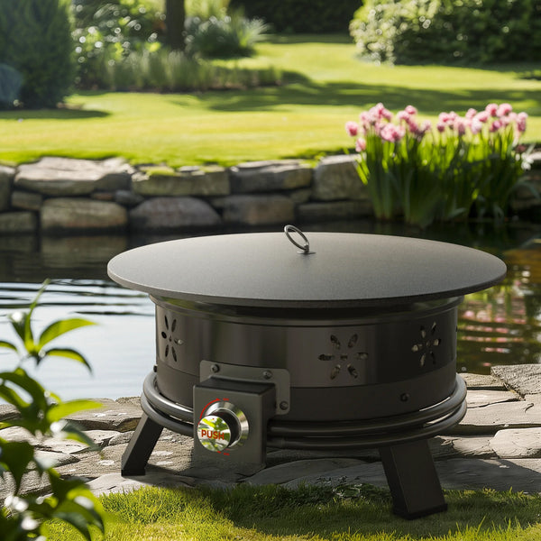 19 inch Portable Fire Pits with Grill for Outside 58000 BTU Gas Fire Bowl with Foldable Legs & Lid & Carry Kit & Lava Rock Stone