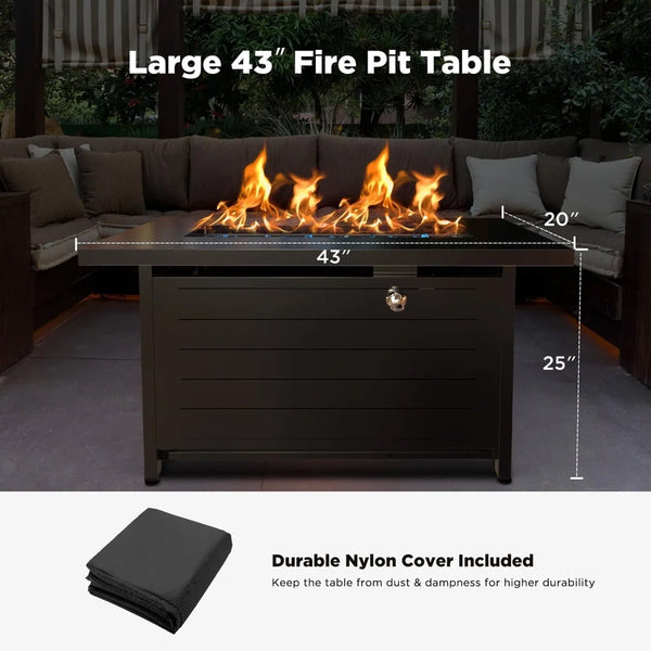 Philergo 43" Propane Fire Pits for Outside 60,000 BTU Gas Fire Pit Table for Outside with Lid , Glass Beads, Cup Holders, Hanging Shelf & Nylon Cover, Rectangle