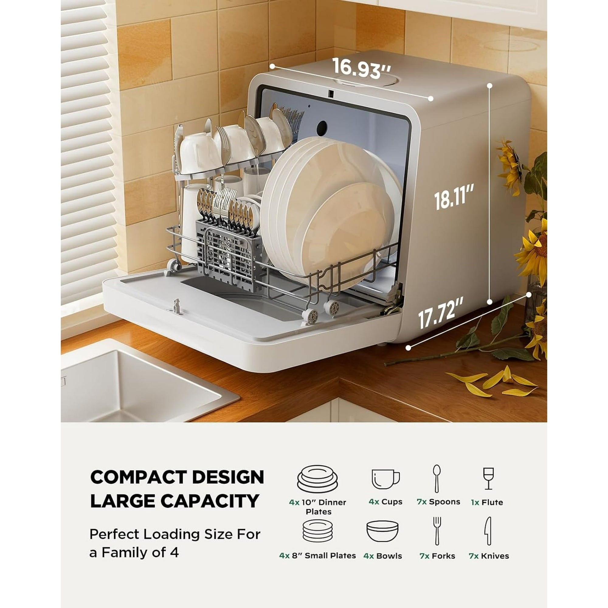 Philergo Portable Countertop Dishwashers, Compact Smart Dishwashers Built-In Water Tank, Air-Dry, 7 Washing Programs, Dual Supply, 360° Dual Spray, App Control for Apartment, RV