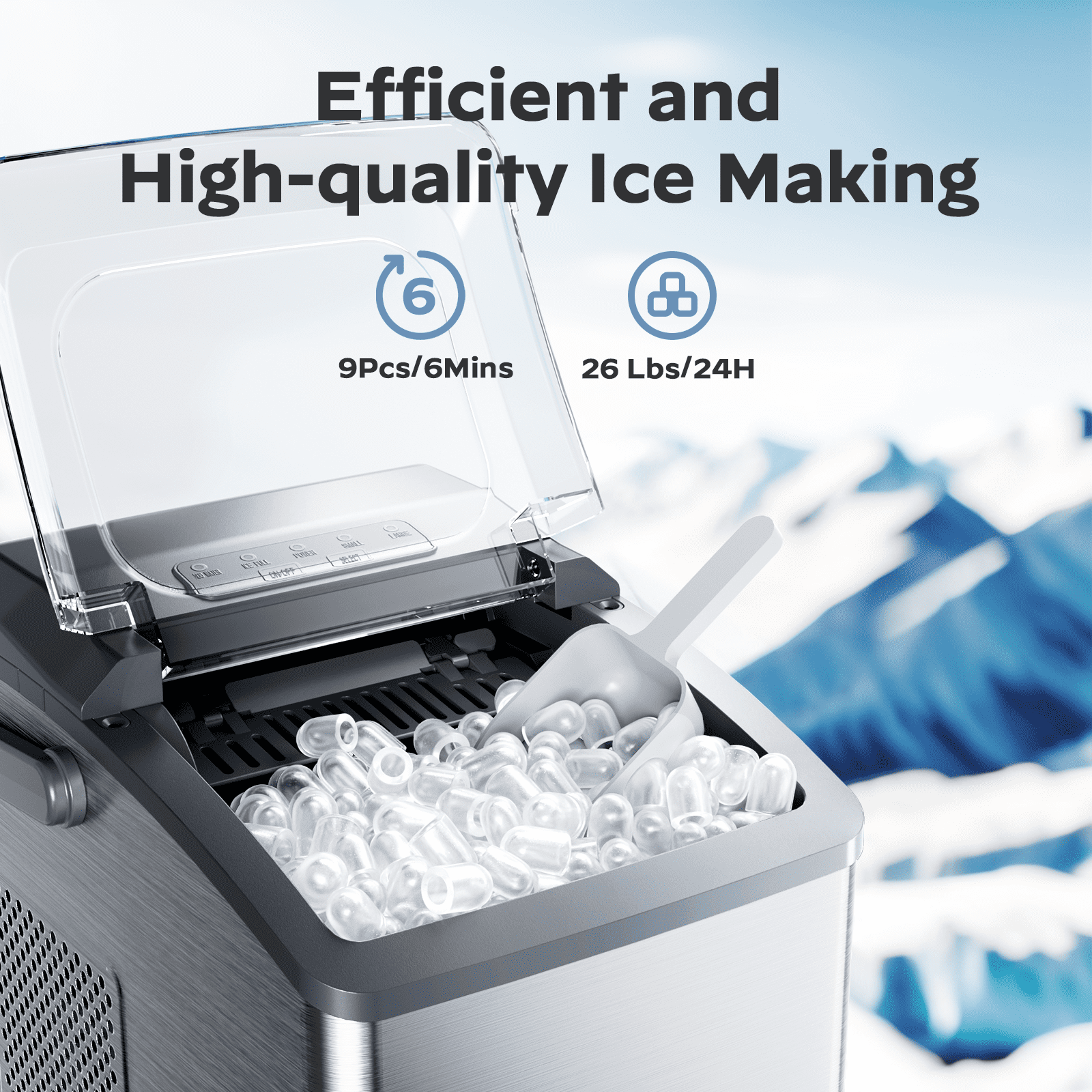 Ice Makers Countertop,Ice Maker Machine 6 Mins 9 Bullet Ice, 26 Lbs/24 Hrs, Nugget Ice Maker with Self Cleaning Function, Ice Maker for Home Kitchen Party, Silver
