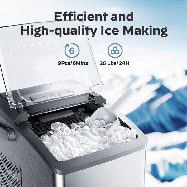 Ice Makers Countertop,Ice Maker Machine 6 Mins 9 Bullet Ice, 26 Lbs/24 Hrs, Nugget Ice Maker with Self Cleaning Function, Ice Maker for Home Kitchen Party, Silver