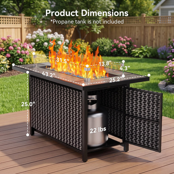 Philergo 43.2" Propane Fire Pit Table with Marble Tabletop, 52,000 BTU Rectangular Fire Pit with Glass Rock, Lid and Waterproof Cover for Outdoor, Patio Party