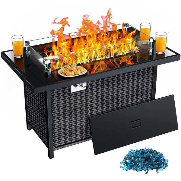 Philergo 43" Propane Fire Pit Table with Tempered Glass Tabletop, 60,000 BTU Rectangular Gas Fire Pit with Blue Glass Rocks, Wind Guard and Lid for Outdoor, Patio, CSA-Listed, Adjustable Feet Pad
