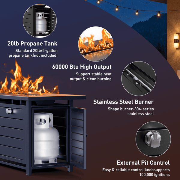 Philergo 42" Rectangular Gas Fire Pit Table, 60,000 BTU Propane Fire Pits for Outside with Lid and Lava Rock