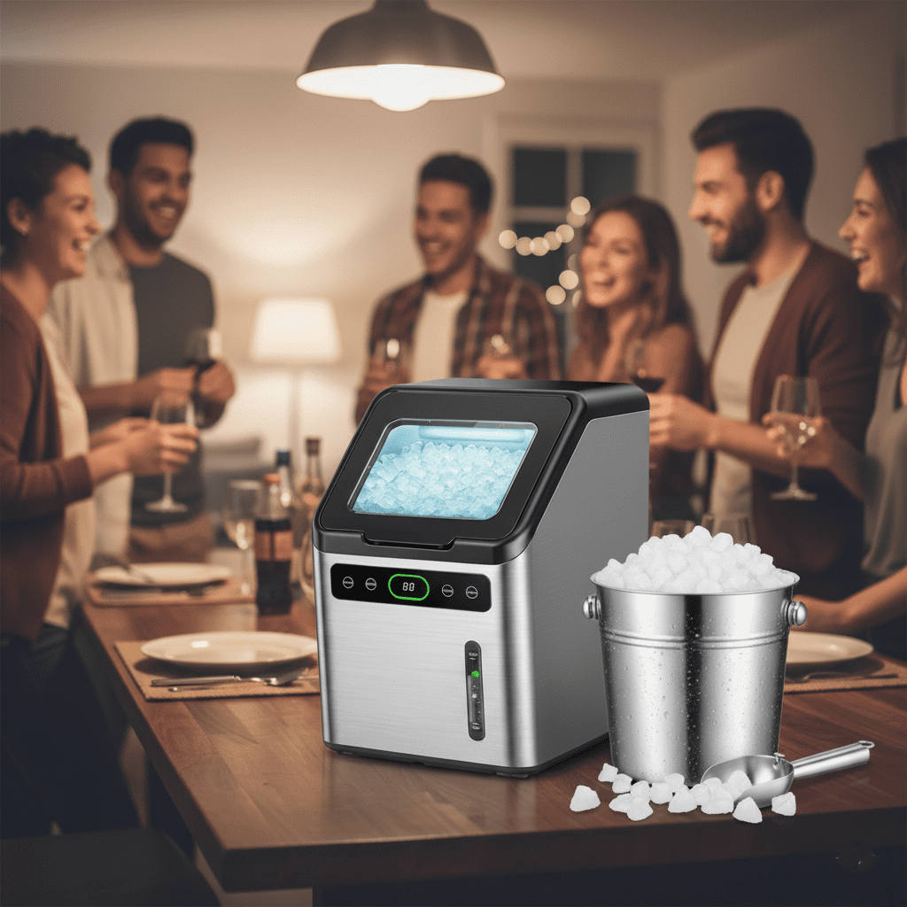 Philergo Nugget Ice Makers Countertop, 45lbs/24H with Self-Cleaning Function and Timer, Ice Maker Machine with Basket/Scoop for Home/Kitchen/Office, Stainless Steel