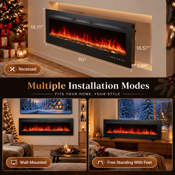 Philergo 60" Electric Fireplace, 1400W Wall Mount, Recessed Fireplace Insert Heater wiht Remote Control, 20 Adjustable Flame Color, Timer and Touch Screen