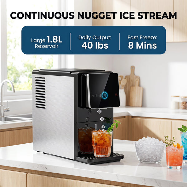 Philergo Nugget Ice Maker Countertop, Touch-Free Self-Dispensing Pebble Ice Machine, 40 lbs/24H Chewable Ice, 8-Minute Ice, One-Touch Self-Cleaning, Slim Portable Ice Maker for Home, Office and RV