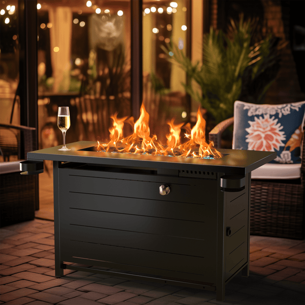 Philergo 43" Propane Fire Pits for Outside 60,000 BTU Gas Fire Pit Table for Outside with Lid , Glass Beads, Cup Holders, Hanging Shelf & Nylon Cover, Rectangle