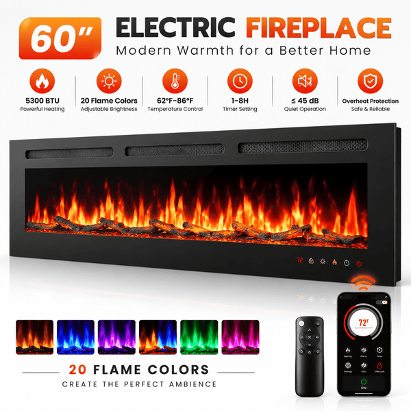 60" Ultra Thin Electric Fireplace Heater with App & Remote Control, 5300 BTU Recessed Wall Mounted Fireplace, Multicolor Flame, Touch Screen, Timer, WiFi Enabled
