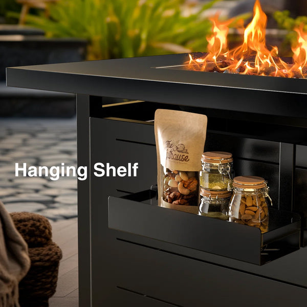 Philergo 43" Propane Fire Pits for Outside 60,000 BTU Gas Fire Pit Table for Outside with Lid , Glass Beads, Cup Holders, Hanging Shelf & Nylon Cover, Rectangle