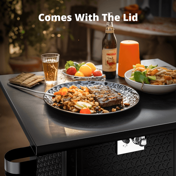 Philergo 28 Inch Propane Fire Pits with Cup Holders, 50000 BTU Steel Gas Fire Pit Table with Lid and Lava Rock for Outdoor