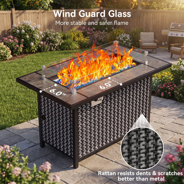 Philergo 43.2" Propane Fire Pit Table with Marble Tabletop, 52,000 BTU Rectangular Fire Pit with Glass Rock, Lid and Waterproof Cover for Outdoor, Patio Party
