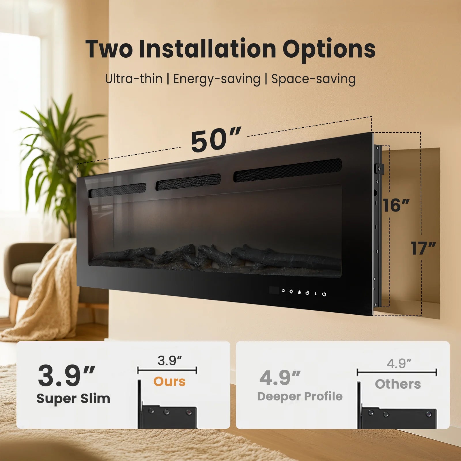 50 inch Wall Mounted Electric Fireplace Indoor Recessed Fireplace Heater with Touch Screen, Timer, Adjustable Flame Color and Speed
