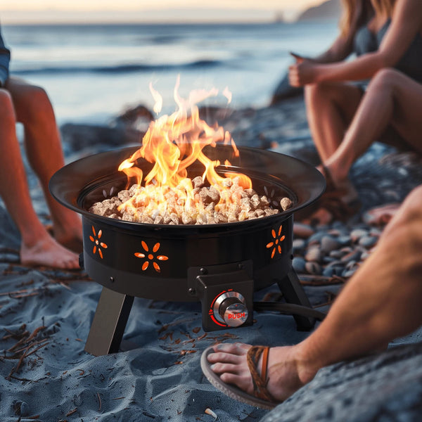 CHITOOMA 21 Inch Portable Fire Pits with Grill for Outside 58000 BTU Gas Fire Bowl with Foldable Legs & Lid & Carry Kit & Lava Rock Stone