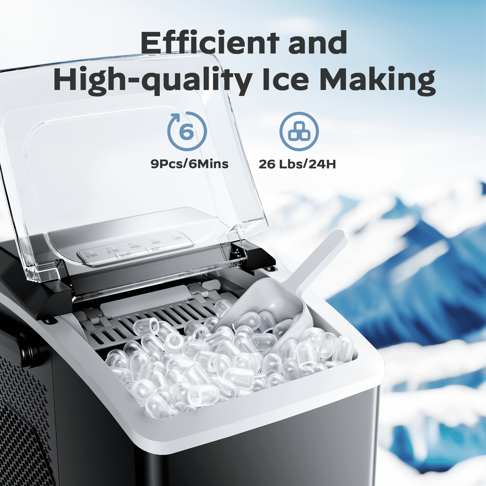 Ice Makers Machine 6 Mins 9 Bullet Ice, 26 Lbs/24 Hrs, Bullet Ice Maker with Self Cleaning Function, Portable Ice Maker for Home Kitchen Party, Black