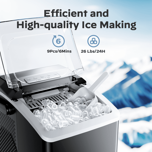 Ice Makers Machine 6 Mins 9 Bullet Ice, 26 Lbs/24 Hrs, Bullet Ice Maker with Self Cleaning Function, Portable Ice Maker for Home Kitchen Party, Black