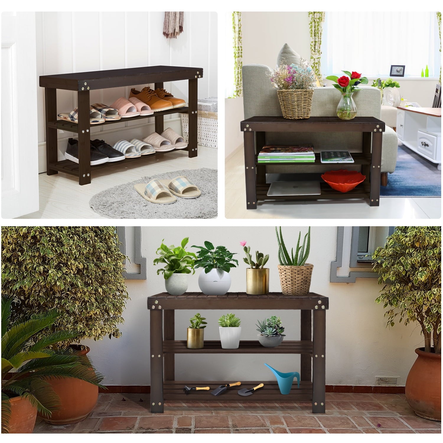 3-Tier Shoe Rack Bench Bamboo Organizer Storage Shoe Shelf Holds up to 210 lbs for Entryway Living Room, Brown and Bamboo