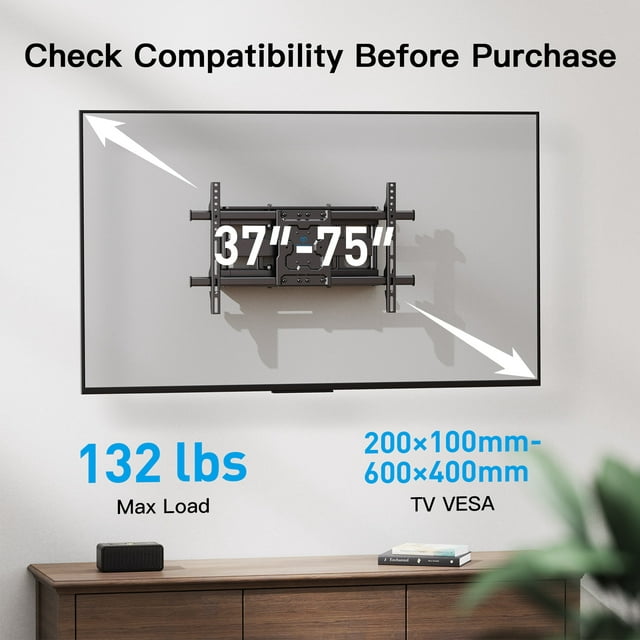 Perlesmith Full Motion TV Wall Mount Bracket for 37 to 75 inch TVs , Holds up to 132 lbs, PSLFK10