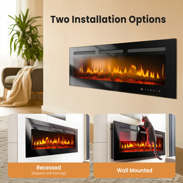 50 inch Wall Mounted Electric Fireplace Indoor Recessed Fireplace Heater with Touch Screen, Timer, Adjustable Flame Color and Speed