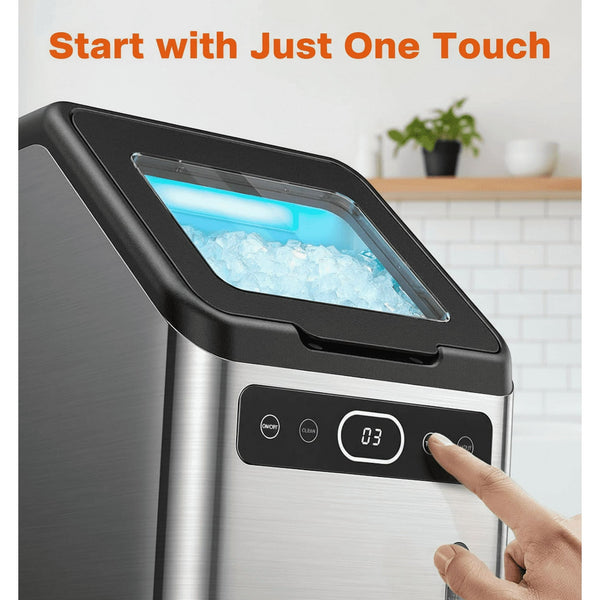 Philergo Nugget Ice Makers Countertop, 45lbs/24H with Self-Cleaning Function and Timer, Ice Maker Machine with Basket/Scoop for Home/Kitchen/Office, Stainless Steel