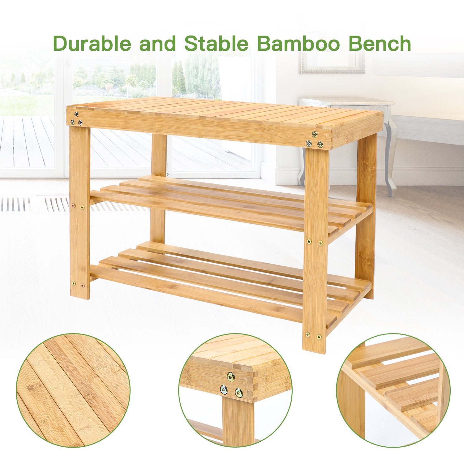 3-Tier Bamboo Shoe Rack Bench, Entryway Storage Bench Holds up to 210 lbs