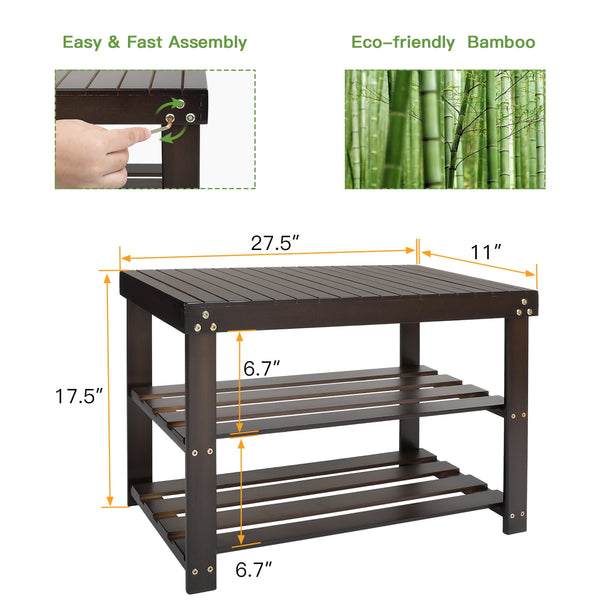 3-Tier Shoe Rack Bench Bamboo Organizer Storage Shoe Shelf Holds up to 210 lbs for Entryway Living Room, Brown and Bamboo