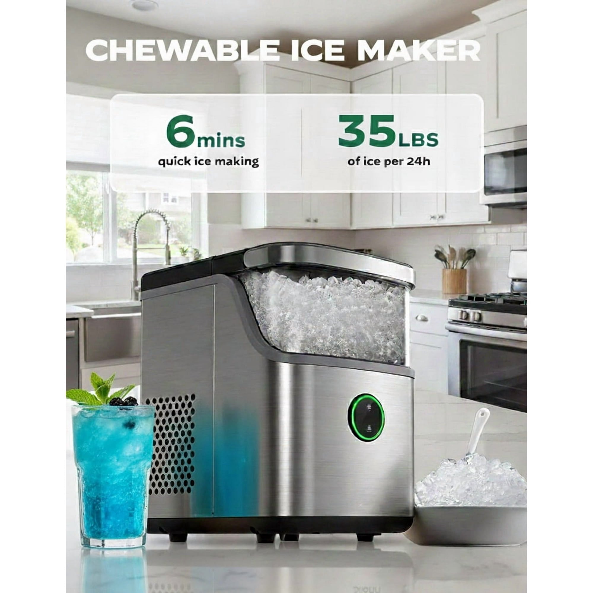 Philergo 35lbs/24H Nugget Ice Maker Countertop, Portable Ice Machine with Detachable Ice Basket, Silver