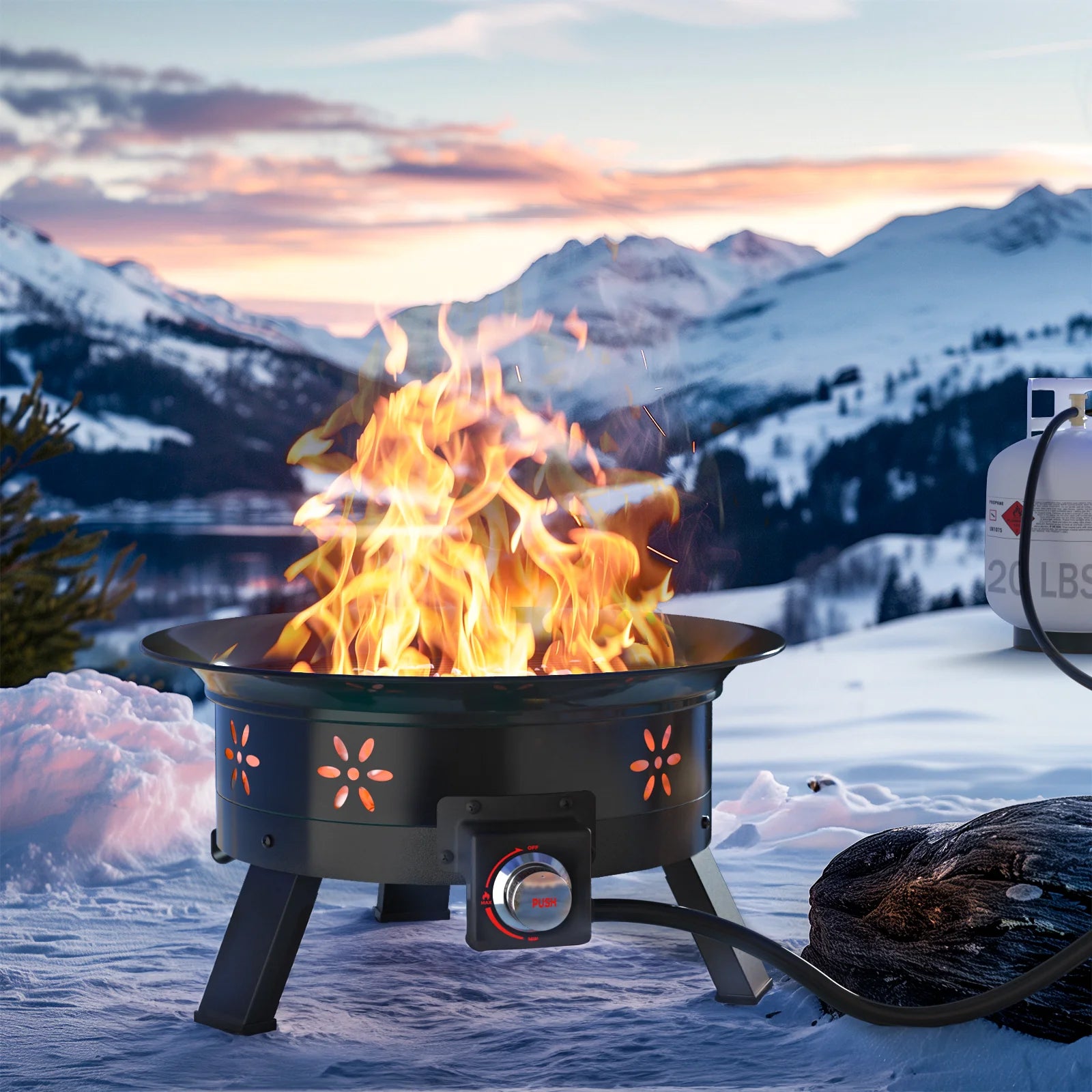 24 inch Portable Fire Pits with Grill for Outside 58000 BTU Gas Fire Bowl with Foldable Legs & Lid & Carry Kit & Lava Rock Stone