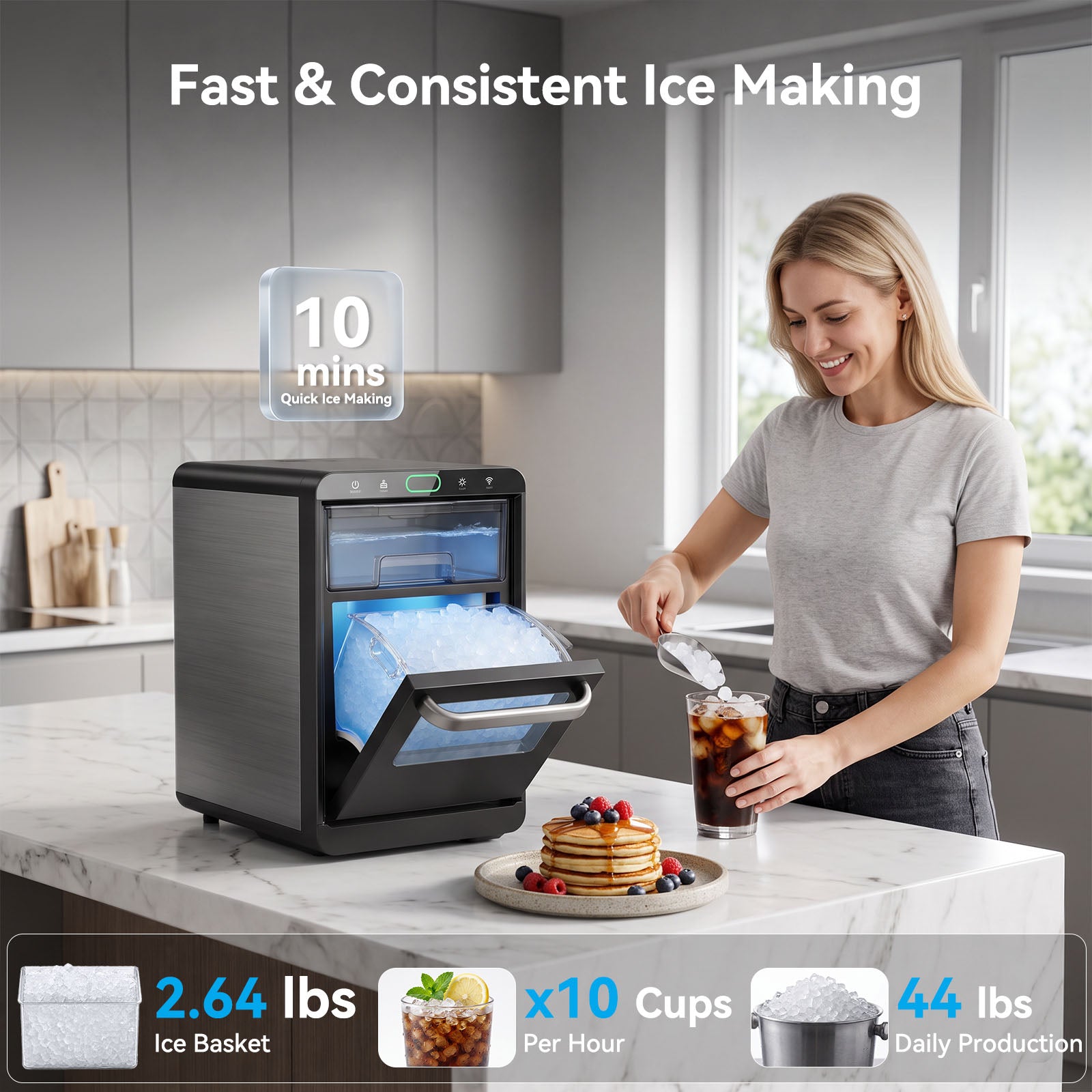 Philergo Nugget Ice Maker Countertop, Smart Pebble Ice maker with App Control, 44 lbs/Day, Ice in 10 Minutes, Self-Cleaning, Timer & Status Alerts, Stainless Steel,Design for Home, Kitchen