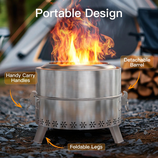 Philergo 19" Smokeless Fire Pit for Outside, Stainless Steel Wood Burning Fire Pit with Foldable Legs, Grill, Poker, Carry Bag